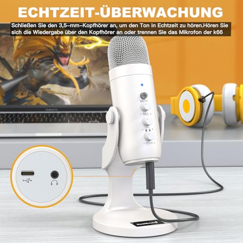 zealsound USB Mikrofon, Podcast Mikrofon für PC, iPhone & Handy, Perlweiß – Ansicht 5