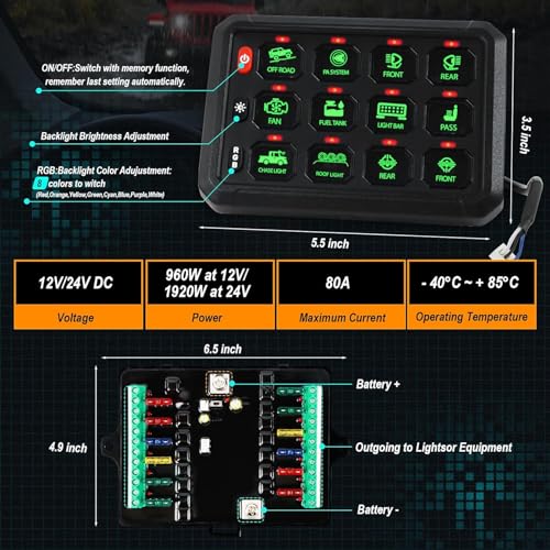Painel de Interruptor RGB de 12 Gangues, 3 Botões de Silicone, 5 Níveis de Brilho, Caixa de Controle