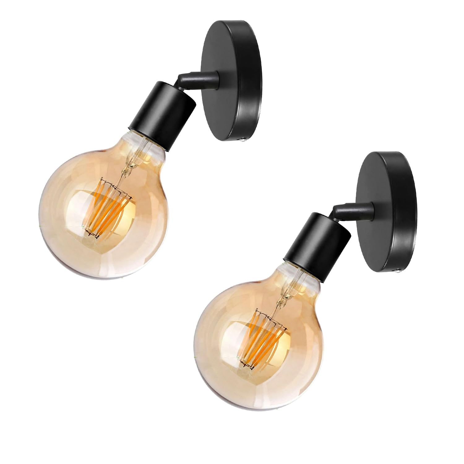 LEDSone E27 Edison Bulbs Modern 180° Rotatable Adjustable Holder Vintage Industrial Bedside Night Light Black Wall Light for Living Room Hotel Restaurant Lighting [Energy Class A+] (Black-8W2PK)