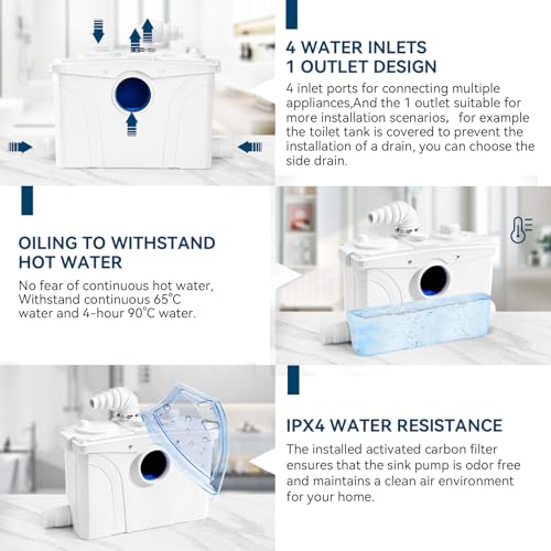 Image of 1.2HP Macerator Pump with PCB Function Toilet Pump Utility Sink Pump Upflush to 32.8FT 2500GPH Macerating Toilet System with 4 Water Inlets 1 Outlets for Toilet Sink Shower Laundry Kitchen Basement