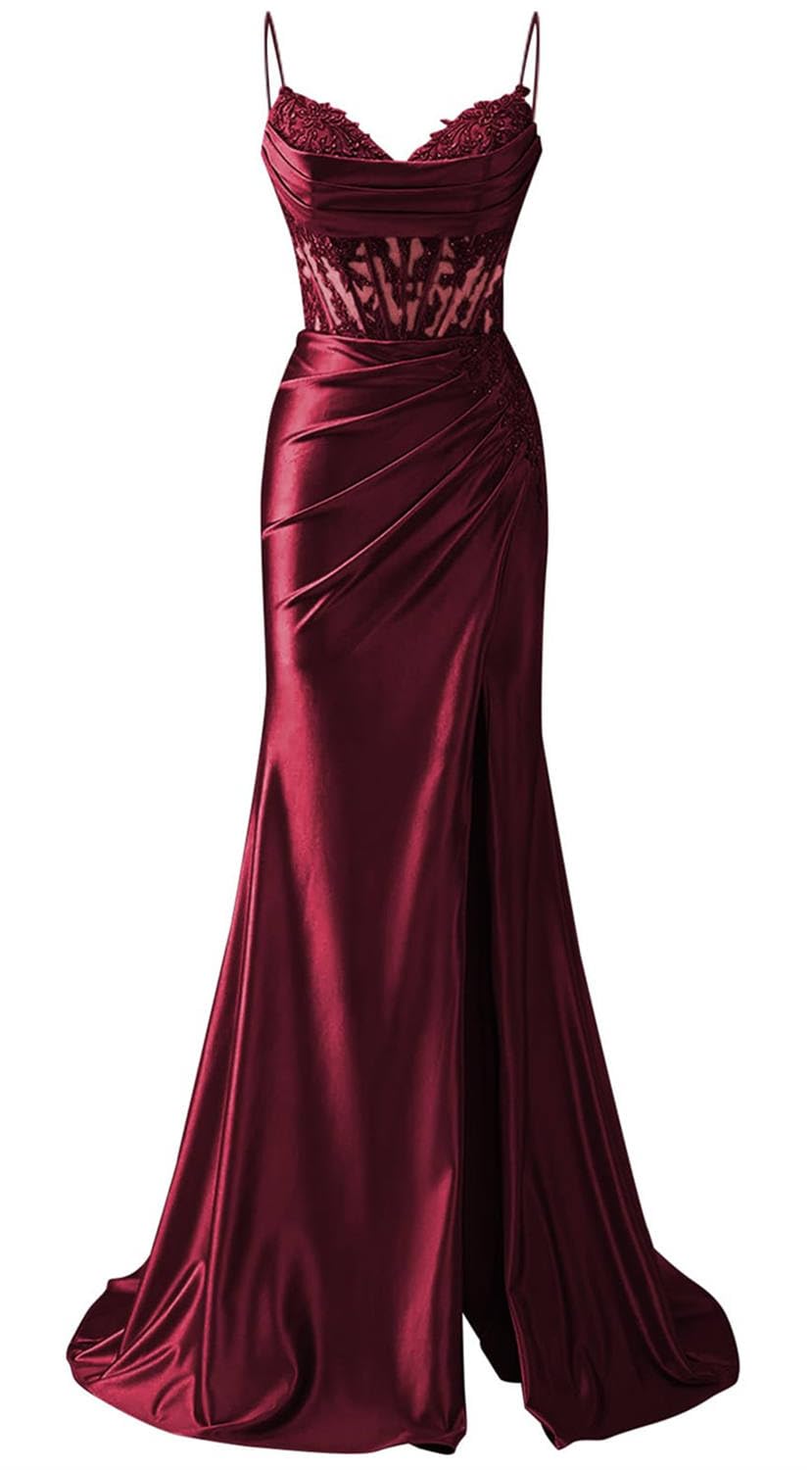 KIYNE Burgundy Prom Dresses with Slit for Women Spaghetti Strap Lace Applique Mermaid Formal Dress Corset Long Homecoming Party Gown UK12
