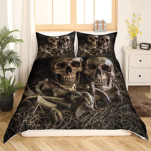 Loussiesd 3D Skull Duvet Cover Set Single for Kids Gothic Skull Bedding Set Skeleton Bones Print Comforter Cover Scary Bedspread Cover Microfiber Vintage Quilt Cover Zipper Closure 2 Pcs