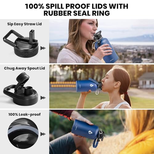 Image of RAYMYLO Insulated Water Bottle 64 oz, Triple Wall Vacuum Stainless Steel (Cold for 48 Hrs), Leak Proof & Non-BPA, Half Gallon Water Flask Jug with Paracord Handle & Straw Spout Lids, Navy Blue