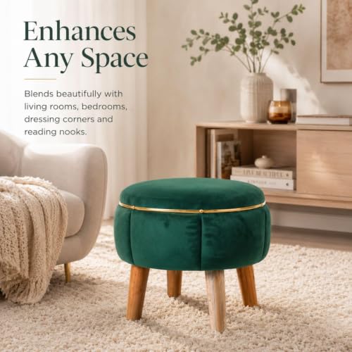 Image of Velvet Upholstered Round Ottoman Footstool | Anti-Slip Feet | Multipurpose Footrest, Step Stool & Vanity Seating & Decor | 40 x 30 cm (16 x 12 Inch) | Green