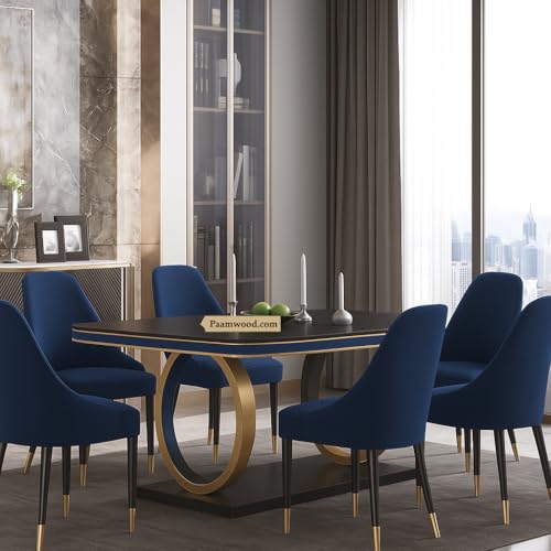 Image of 6-Seater Dining Table with Nano Composite Marble Top and PVC Golden Wooden Base |2yr Warranty - Includes 6 Fabric Upholstered Chairs (Blue)