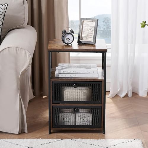 Image of VECELO Nightstand Set of 2, End Table with Flip Drawer, Modern Night Stand for Bedroom,Living Room, Office, Easy Assembly, Vintage Brown