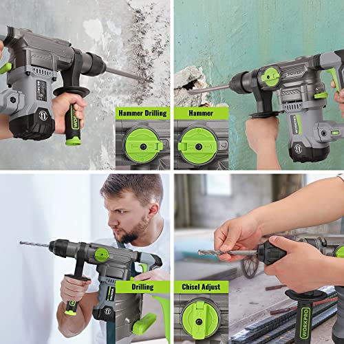 Image of WORKPRO 1-1 /4 Inch SDS-Plus Rotary Hammer Drill, 12.5AMP, Heavy Duty Corded Version for Concrete Demolition Chipping Rotomartillo, 5 SDS-Plus Bits