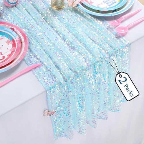 Sparkly Blue Table Runner 10FT 2 Pack Glitter Iridescent Table Runner Linen