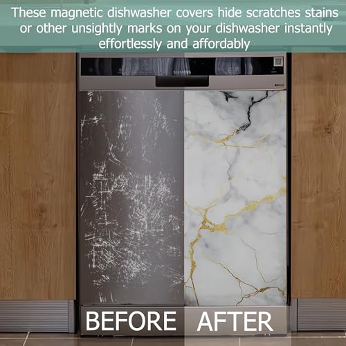 Image of Dishwasher Cover,White Grey Mable Reusable Dishwasher Magnet Cover,Decorative Gold Texture Magnetic Refrigerator Cover Front Panel Cover for Kitchen Decor 23x26 Inch