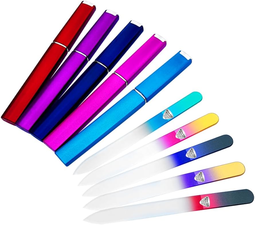 Bona Fide Beauty 5-Pack Czech Glass Nail File with Case Set - Professional Crystal Nail Files for Natural Nails (Multicolor). Thoughtful Gifts, Reusable Nail Files