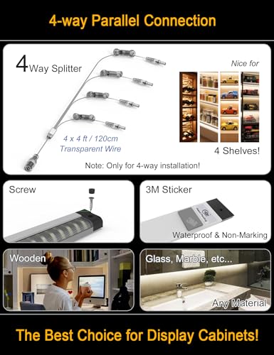 Image of EBD LED Display Cabinet Lighting 4-Way 1.2m / 48 inch Splitter Parallel Connection Shelf Lights Touch Bookcase Lighting 4 Panels Counter Light Bar Energy 1800 Lm 3000K for Kitchen Pantry Garage Closet