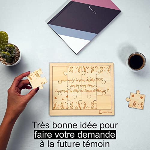 ZINELLO DESIGN - Puzzle aus Holz, Willst du mein Zeuge sein, originelle und personalisierte Geschenkidee, um Ihre Anfrage für Ihre Hochzeit zu machen, außergewöhnliche Ankündigung EVJF (mit Rahmen)
