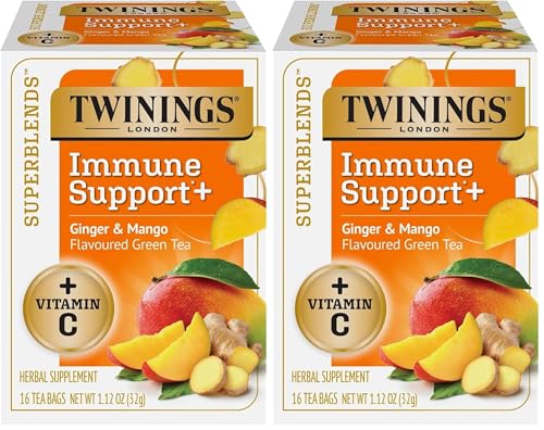 Image of Twinings Superblends Immune Support+ Herbal Tea with Vitamin C, Ginger & Mango Flavoured Green Tea, 16 Tea Bags (Pack of 2), Enjoy Hot or Iced