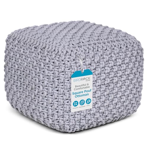 BIRDROCK HOME Buds Knitted Square Grey Pouf...
