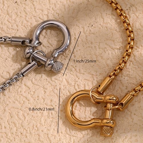 Image of Chunky Charm Bracelet Stainless Steel Foxtail Wheat Chain Bracelet Heavy Screw Anchor Shackle Horseshoe Bracelets (GoldSmall)