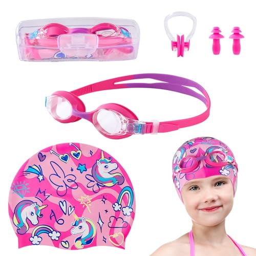 Image of Girls Unicorn Swim Cap and Goggles Set Waterproof Bathing Pool Swimming Caps Comfortable Kids Mermaid Unicorn Swimming Hats for Long and Short Hair (Unicorn Set)