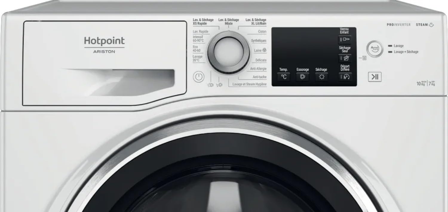 Hotpoint - NDBD107489WSAFR Lave-linge Séchant Steam Hygiène - Capacité Lavage 10 kg/Séchage 7 kg - Essorage 1400 tr/min, Moteur Induction - Pose Libre - H 85 x L 59,5 x P 60,5 cm - Blanc