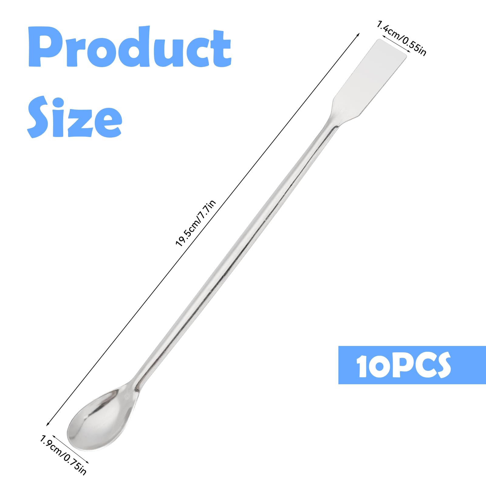 Lot de 10 spatules de laboratoire argentées de 20 cm de long en acier inoxydable réutilisables avec spatule de mélange pour poudre, gel, pommade, lotion cosmétique