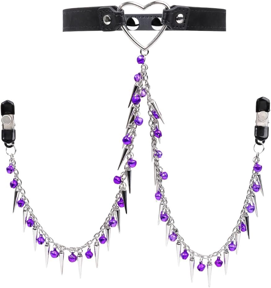 Nipple Clamps with Collar Necklaces Adjustable Leather Punk Chokers Heart Head Choker Non-Piercing Clips for Women
