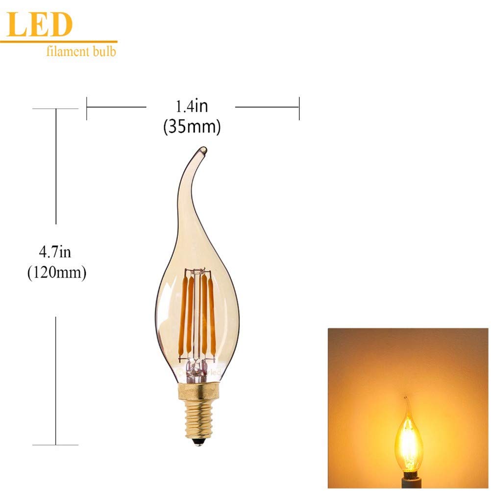 Bombilla LED Regulable de 4 W, Bombilla de filamento Tipo Vela de 2200 K/E14 con Base de candelabro, Forma de Llama, Punta Curvada, Equivalente a una Bombilla incandescen
