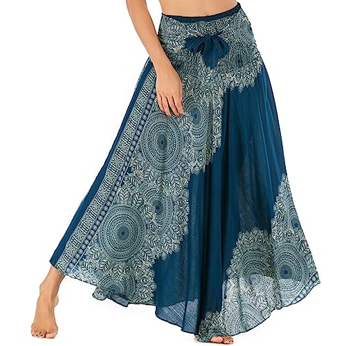 Adigaber EleganteSaia comprida para mulher de 2 em 1 saia de dança da barriga vestido longo estilo boémio para férias, S003-verde, Talla única