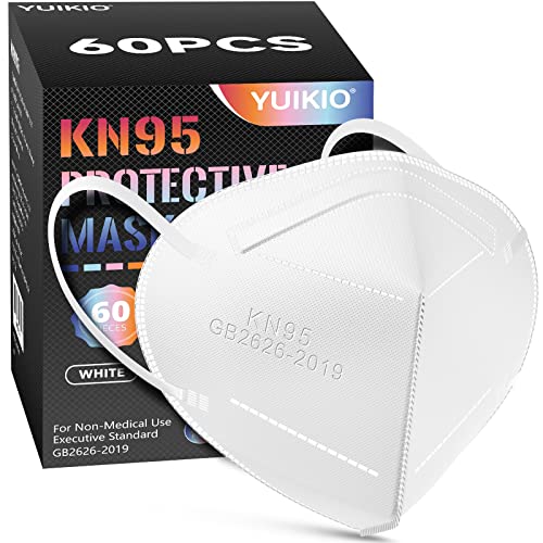 YUIKIO KN95 - Máscara facial, paquete de 60 máscaras protectoras envueltas individualmente, 5 capas de seguridad contra PM2.5 desechables KN95 máscaras respiradoras (blanco)