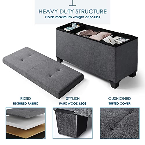 Storage Ottoman Bench with Storage Bins, 30-in Storage Bench for Bedroom End of Bed, Folding Foot Rest Ottoman with Storage for Living Room, Storage Chest Max 660lbs, Linen Fabric Grey Ottoman by Hearth & Harbor - Image 3