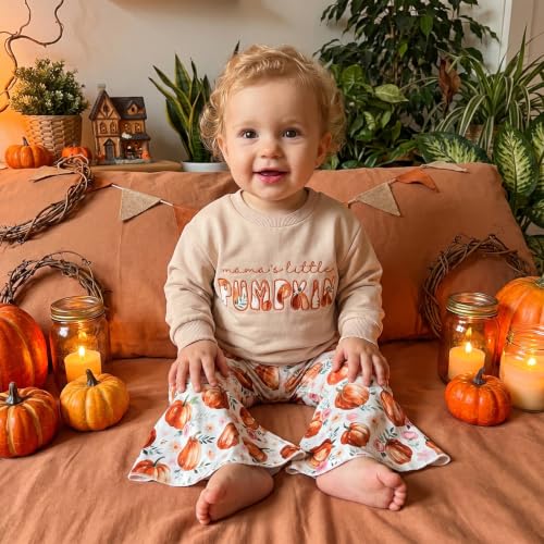 Image of Toddler Girl Halloween Outfits Pumpkin Print Top Flared Pants | Pumpkin Letter Embroidery Crewneck Sweatshirt + Flare Pants; 70% cotton, 22% polyester, 8% elastane Top; Sizes 12M-5T