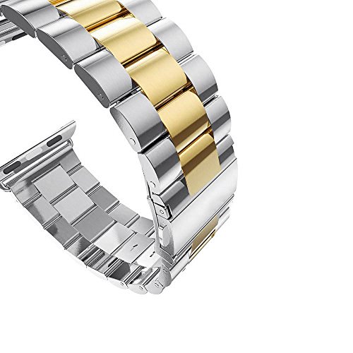 U191U Band Compatible With Apple Watch Stainless Steel Wristband Metal Buckle Clasp Iwatch 42Mm 44Mm 45Mm Strap Replacement Bracelet For Apple Watch Series 7/6/5/4/3/2/1 Sports Edition(Silver/Gold, 42/44/45Mm) #TOP3