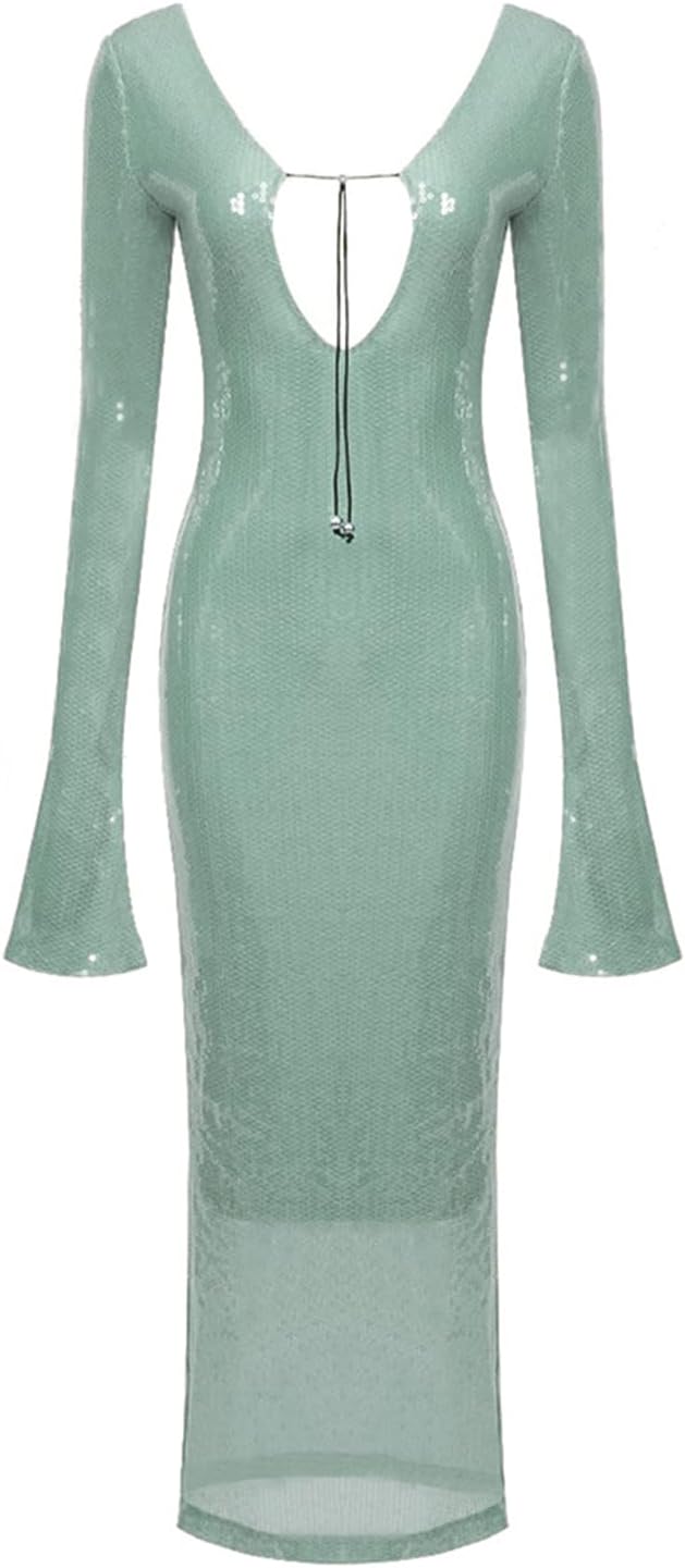meilun Deep V Dress with Drawstring Long Sleeve Sequin Dress for Women Long Gown