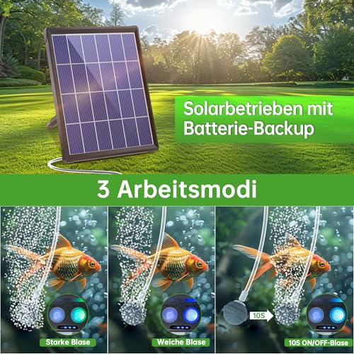 Biling Teichbelüfter Sauerstoffpumpe für Teich Solar, 2,5W Solar Teichbelüfter Sauerstoffpumpe Air Aquarium mit Akk, Sauerstoff Teich Belüftungspumpe 3 Modi 2 Luftsteine für Gartenteich, Angeln