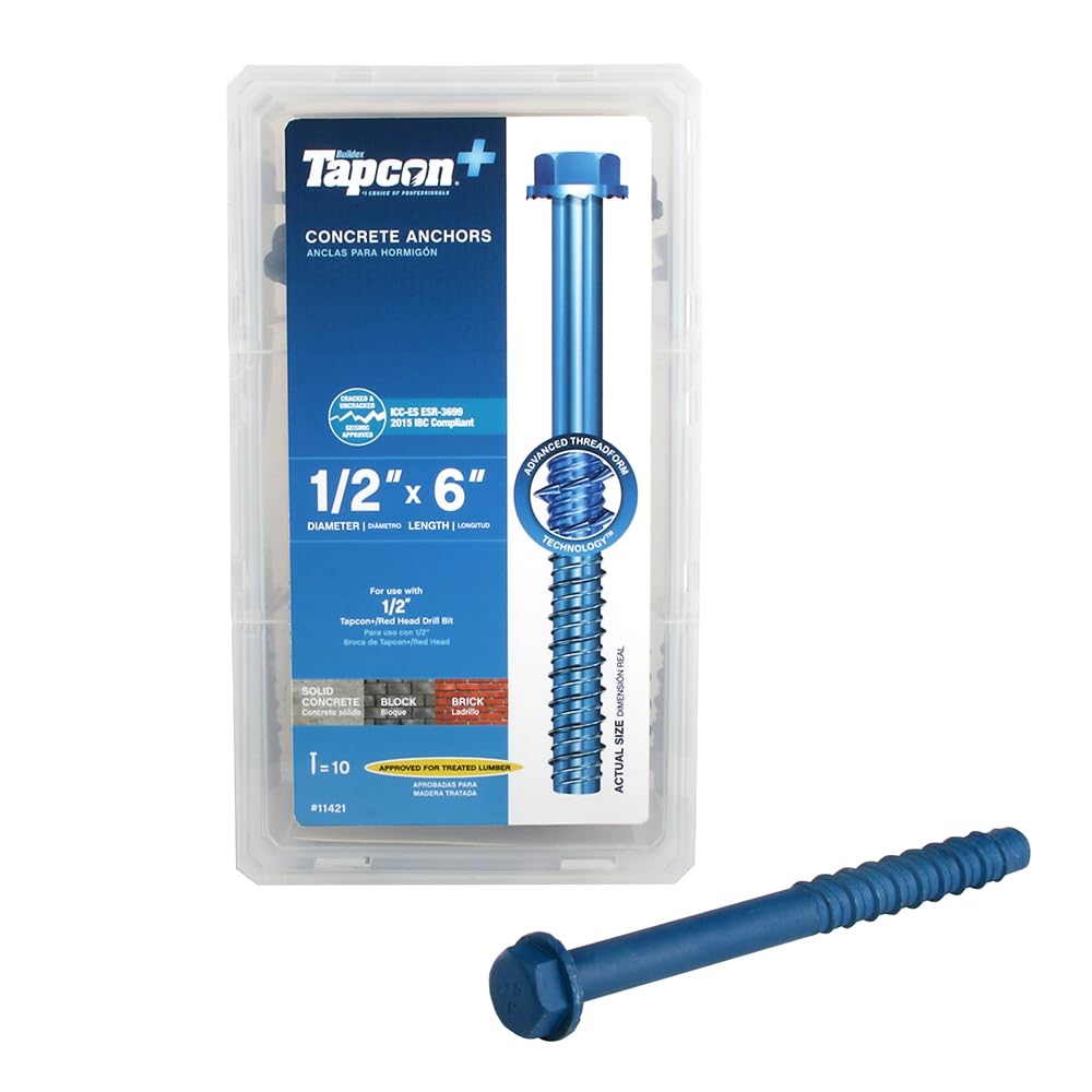 Tapcon+ 1/2 x 6 Inch Heavy-Duty Hex Head Concrete Anchors, 10 PCS, Corrosion Resistant Blue Climaseal™ Coating, Outdoor Rated Use, Concrete Block &amp; Masonry Brick Screws, Drill Bit Sold Separately