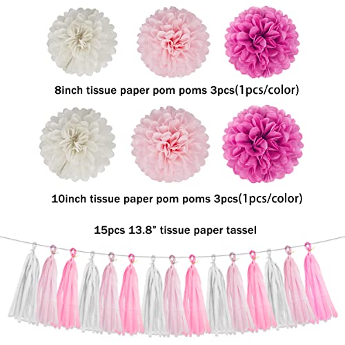Image of Hot Pink White Party Decorations - 23pcs Tissue Paper Flower Pom Poms Tassel Garland Pennant Banner Flags Streamers Women Girl Birthday Baby Bridal Shower Engagement Bachelorette Wedding Hanging Decor