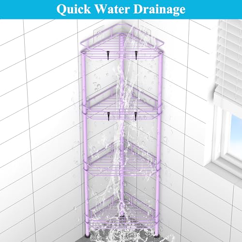 Image of HuggieGems Metal Floor Standing Corner Shower Caddy, Light Purple, 4 Tier | Adhesive Bathroom Organizer Shelves, Free Standing Shower Rack with Hooks, Hold Large Shampoo Bottles