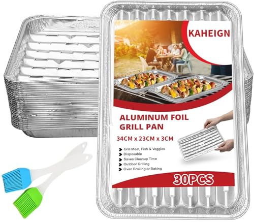 KAHEIGN 30Pcs Disposable Barbecue Trays 34CM x 23CM x 3CM Aluminum Foil Perforated Trays Barbecue Grilling Container Plate with Holes and Ribbed Bottom for Oven Charcoal BBQ Roast Grilling Baking