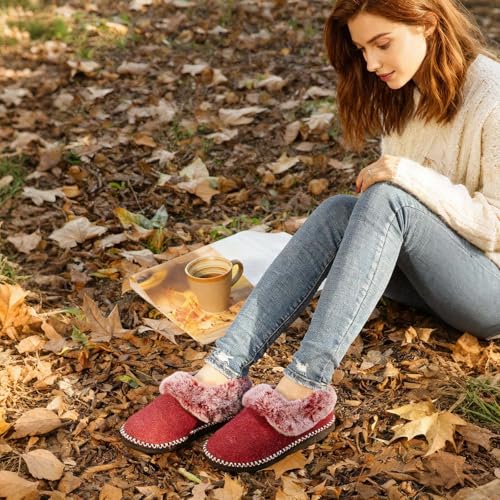 EverFoams Women's Bootie Slippers Warm Soft Comfy Memory Foam Non-slip Indoor House Shoes with Fluffy Collar Burgundy Size 6 UK