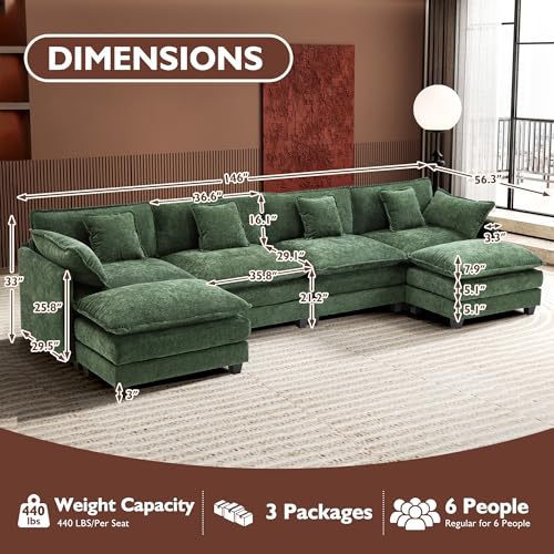 Image of Ihanherry 146 inch U-Shaped Modern Sofa Modular Sectional Cloud Couch with 2 Ottoman, 6-Seat Chenille Deep Seat Sofa with 6 Pillows for Living Room, Bedroom and Apartment, Green
