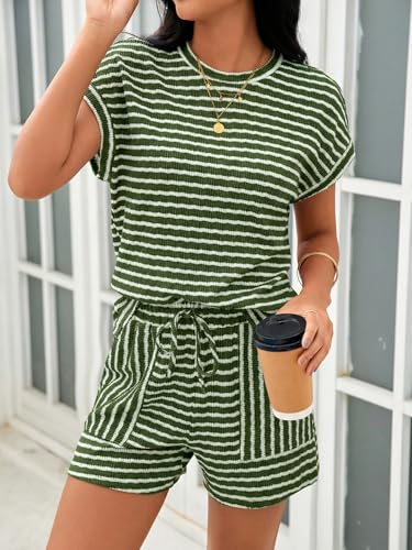 Image of Tankaneo Womens Striped Summer 2 Piece Short Sets Short Sleeve T Shirts Drawstring Shorts Casual Outfits Lounge Pajama Sets