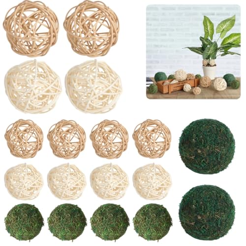 Juego de 18 bolas decorativas de musgo y ratán, bolas de relleno de jarrón de musgo verde y ratán, bolas secas naturales para bodas, fiestas y decoración del hogar