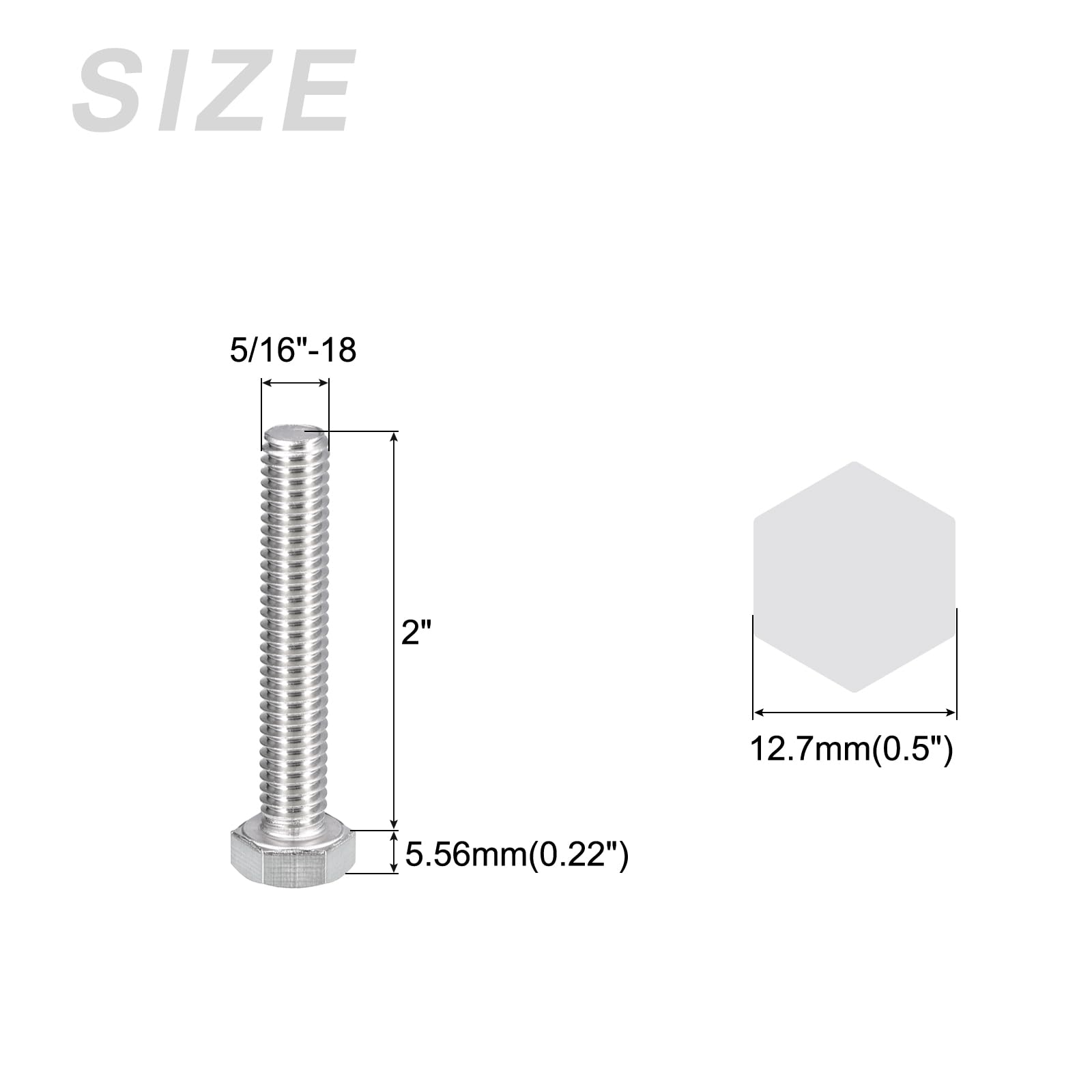 METALLIXITY Hex Head Bolts (5/16-18 x 2") 10Pcs, 304 Stainless Steel 18-8, Fully Threaded, External Hex Drive, Plain Finish, Hex Head Screw Bolt, Silver - Image 2