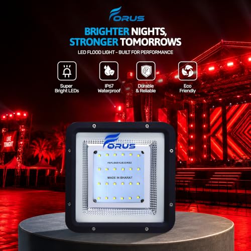 Image of Forus 20W LED Flood Light, Red Color Light, 4-Year Warranty, IP67 Waterproof Outdoor Lighting, High Mast Halogen Focus Light for Factory, Garage, Parking, Garden, Shop, Warehouse, Tent, Warehouse, 1PC