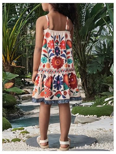 Girl's Boho Print Ruffle Cami Dress Floral Square Neck Spaghetti Strap Summer Beach Dresses3