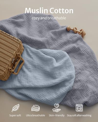 Image of Blissful Diary Muslin Mini Crib Sheets, 2 Pack, Light Blue & Grey | fitted for pack n play, soft and breathable cotton, boho style, easy care for machine wash, gifts for boys and girls