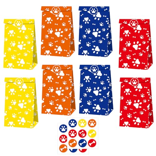 MORAINJAY 12 Sacchetti Festa Zampa di Cane, Sacchetti Regalo Tema Cane per Compleanno Bambini, Forniture per Feste Bambini Ragazzi e Ragazze (18 Adesivi)