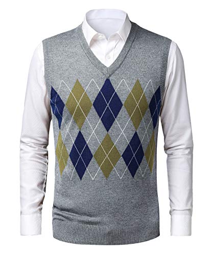 Mens Sweater Vest Wool Blend Knitted Vest Sweaters V-Neck Argyle Sleeveless Pullover Vests