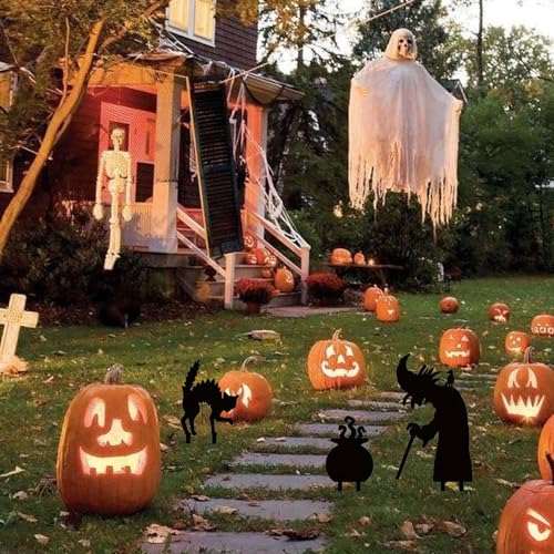 Piquets de cour Halloween en fer : lot de 3 silhouettes sorcière et chat - 7