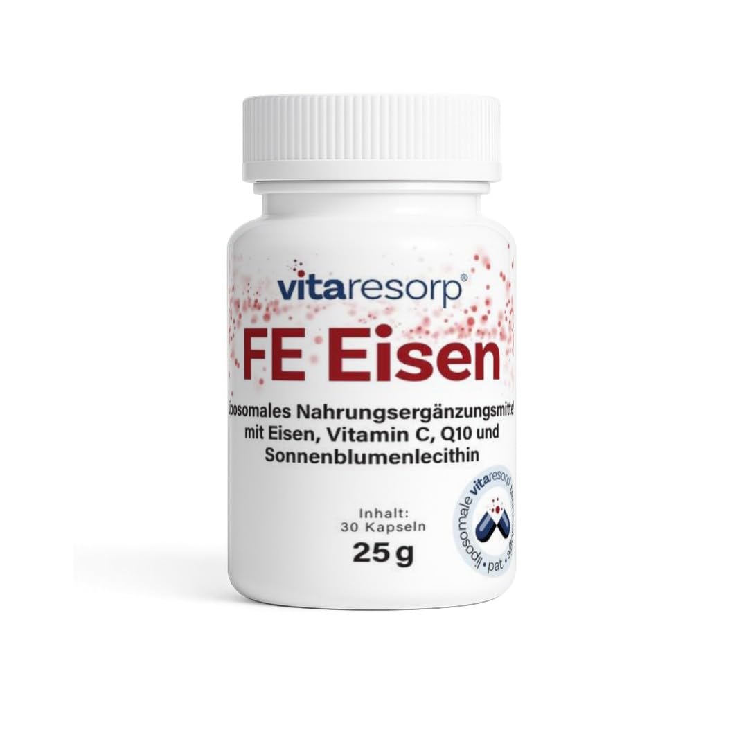 Vitaresorp® FE Plus - liposomales und veganes Eisen & Vitamin C Kapseln - Hohe Verfügbarkeit bei Eisenmangel - Mit Sonnenblumenlecithin - 30 Tage Vorrat - Qineva®