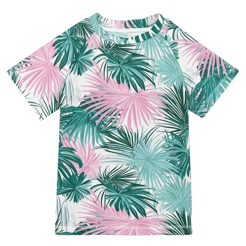Palm Leaf Pink Green Boy Bathing Suit Sun Protection Rashguard Girls Swimwears Beach Tops for Youth Boys 11-12Y
