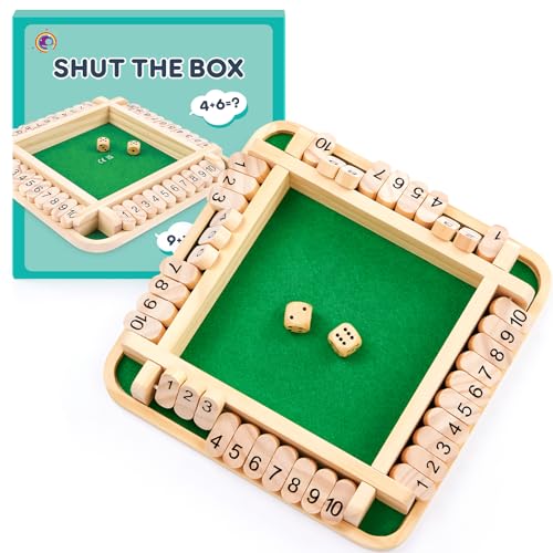 Shut The Box Spiel, Brettspiel aus Holz, 2-4 Spieler Gesellschaftsspiele ab 6 Jahre, Würfelspiel Mathematik Lernspiele ab 3 4 5 6 Jahre, Familienspiel Reisespiel für Kinder Geschenk Jungen Mädchen