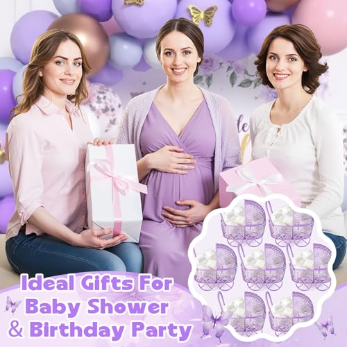 Image of Threehoney Baby Shower Mini Carriage Decoration Metal Wired Fillable Candy Stroller Baby Shower Table Centerpiece for Guest Gender Reveal Wedding Party Favor Gift (Purple,24 Pcs)